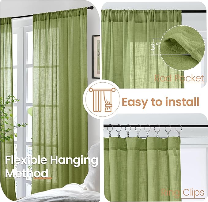 BGment Olive Green Linen Curtains for Living Room 63 Inch Length - Rod Pocket Natural Textured Light Filtering Drapes for Farmhouse Bedroom Lightweight Rustic Decor, 2 Panels Set, 52 X 63 Inch