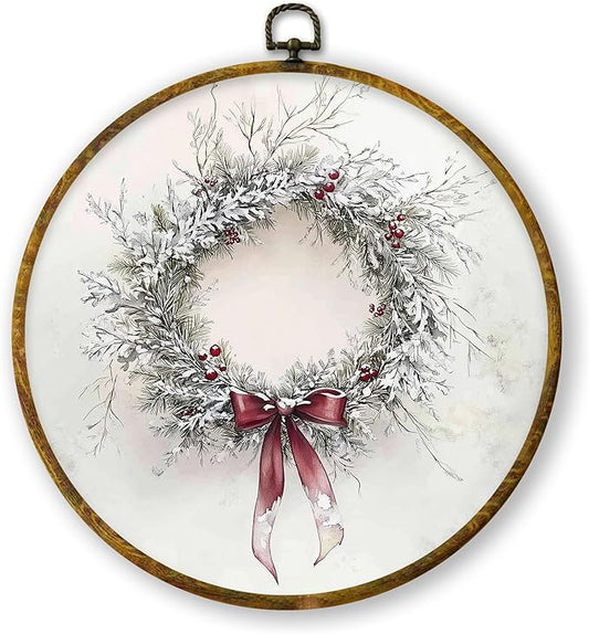 QZQE Vintage Christmas Wreath Round Wall Art Decor Framed, Winter Snowy Country Circle Canvas Prints, Cozy Xmas Winter Holiday Circular Wall Hanging Decor for Home Bedroom Living Room, 10x10 Inch