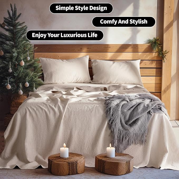 LBRO2M 100% Linen Sheet Set 19" Deep Pocket King Size,Bed Sheets 4 Piece Sets,Solid Color Natural Flax Bed Sheets Soft Breathable Bedding, All Season (King, Linen)