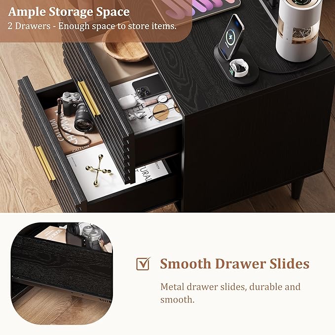 Alohappy Night Stand with Charging Station, Bedside Table with 2 Drawers, Mid Century Modern End Table, Bed Side Table with USB Ports and Outlets, Nightstand for Bedroom, Black 1pc