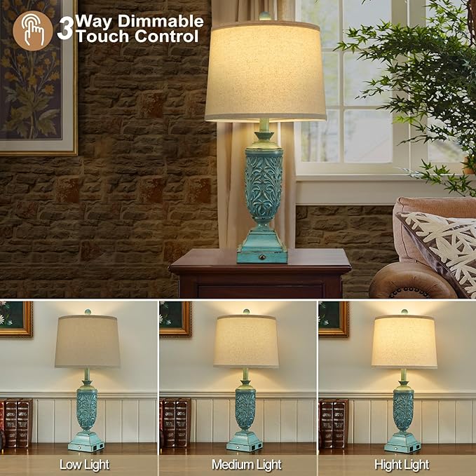 26.5" Farmhouse Table Lamp Set of 2, 3-Way Dimmable Touch Control Bedside Lamps Vintage Rustic Side Table Nightstand Lamps for Bedroom Living Room Study Room