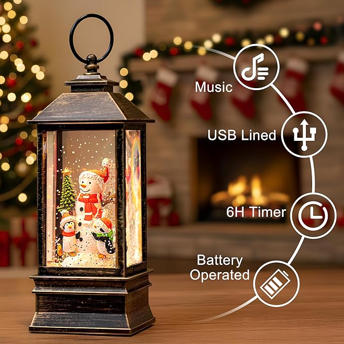 10.4" Christmas Snow Globe Water Lantern with Snowman and Penguin Scene Battery Operated or USB Powered Musical Lighted Holiday Decoration for Tabletop Display for Family and Friends