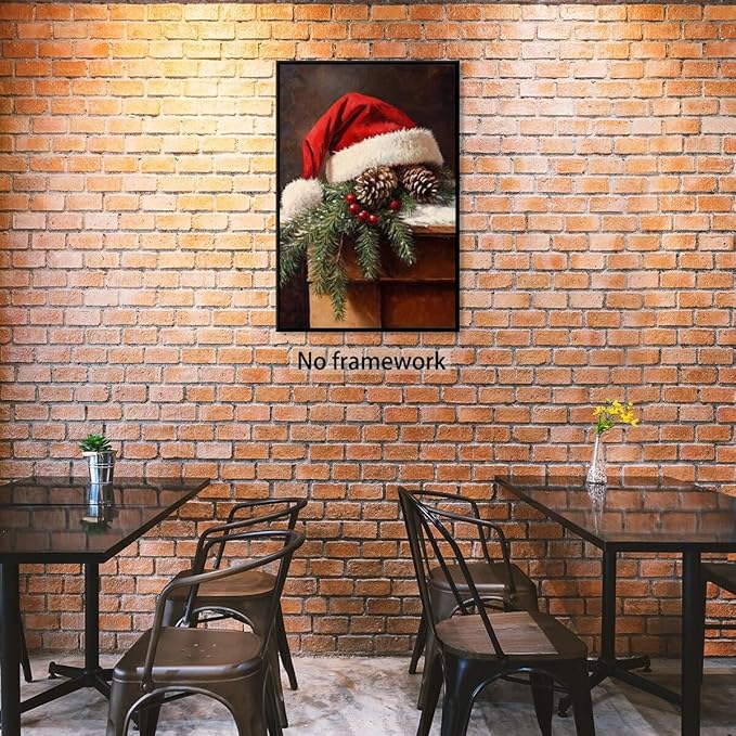 Vintage christmas wall art santa hat painting pine cone winter cottagecore canvas poster for christmas home decor bedroom living room Unframed16x24inch