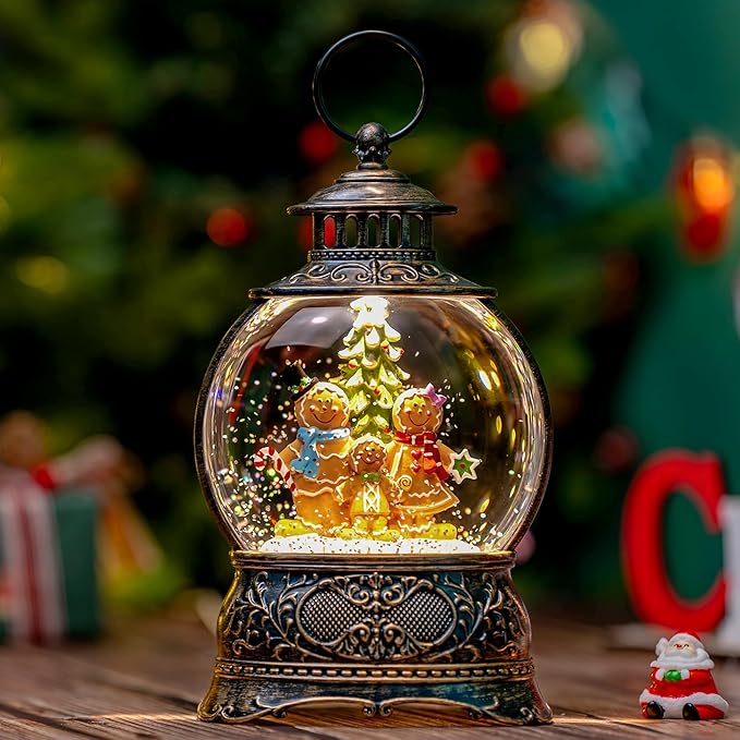 9.8" Christmas Snow Globe Water Lantern with Gingerbread Scene Battery Operated or USB Powered Musical Lighted Holiday Decoration for Tabletop Display for Family and Friends