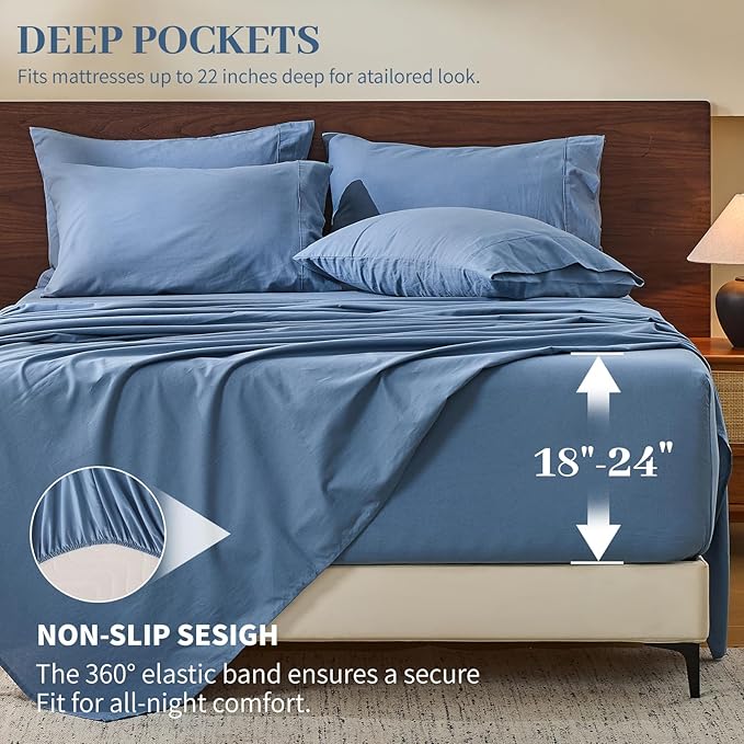 MEISHANG 100% French Pure Linen Sheets King Size - 6 PC Extra Deep Pocket Sheet Set, Soft Durable Flax Linen, Anti-Tear Breathable & Oeko-Tex Certified 18-24 Deep Pocket,All Season(Dusty Blue)