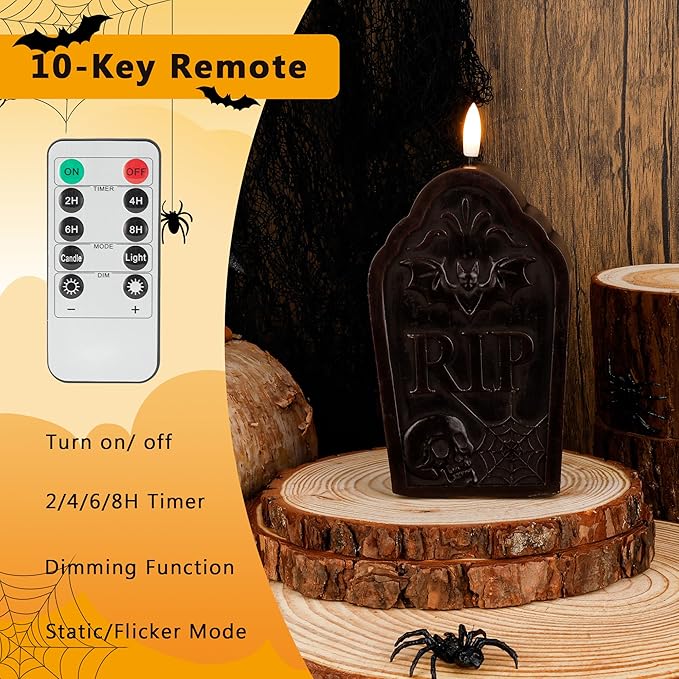 Halloween Flameless Candles with Remote, Real Wax Tombstone LED Candles, Flickering Battery Operated Fake Candle, Halloween Decorations for Table,Fireplace, Home, Party, Festival Decor