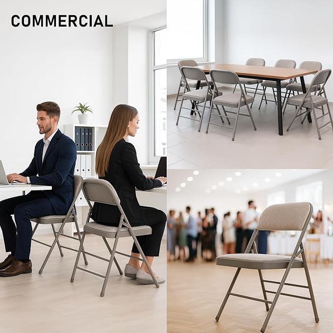 SEALAMB 4 Pack Fabric Folding Chairs with Padded Seats & Cushion, Metal Foldable Chairs for Wedding Party, Commercial Chairs for Office School Church Events, 350lb Capacity (Gary-Fabric, 4 Pack)