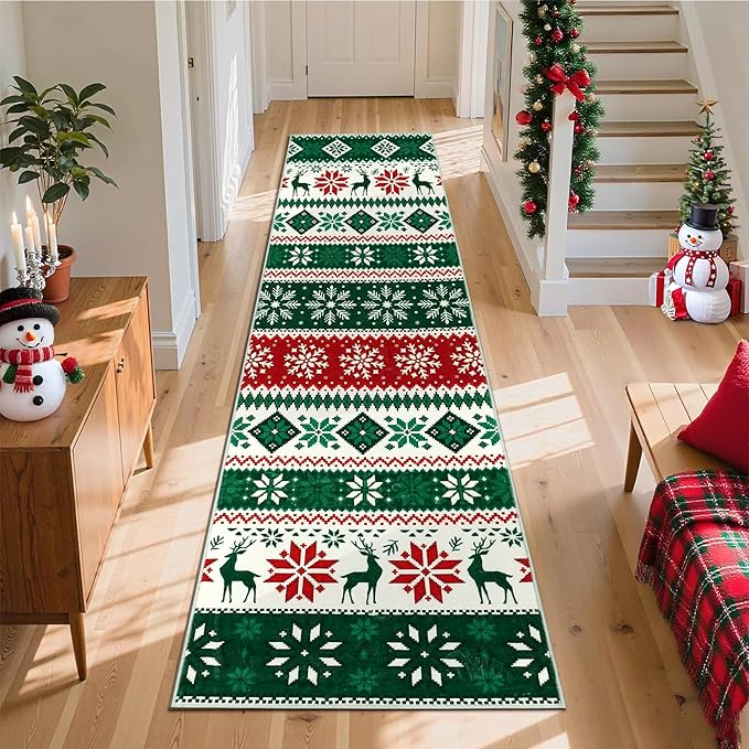 Hallway Runner Rug 2x6 Washable Christmas Runner Indoor Non-Slip Xmas Decorative Throw Floor Covers Boho Accent Festival Xmas Rug Farmhouse Rug Geometric Carpet for Living Room Bedroom, Green