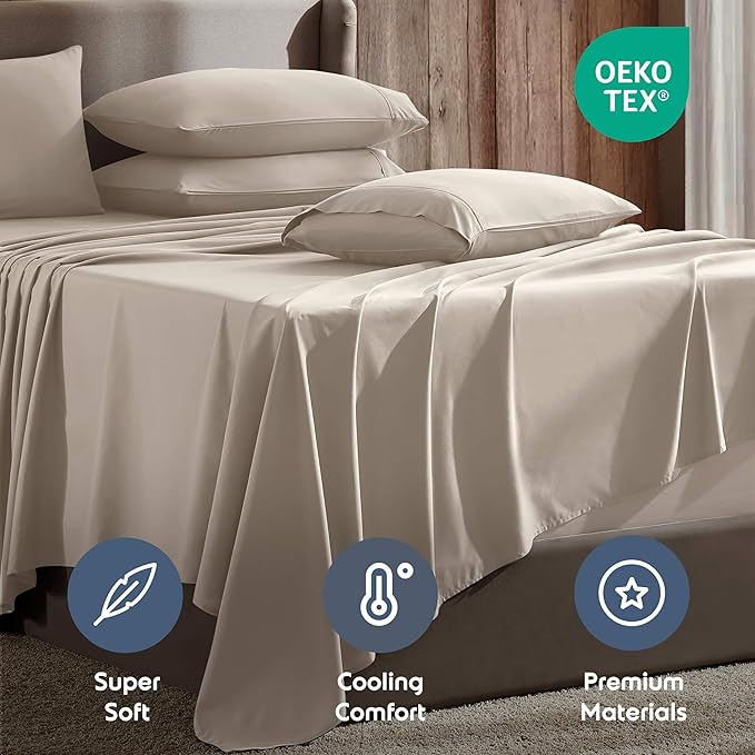 Nestl Extra Deep Cal King Sheet Set - 6 Piece Breathable & Cooling Sheets - Hotel Luxury Bedding Set w/18-24 Inch Deep Pockets - Easy & Secure Fit - Super Soft, Wrinkle Free & Comfy - Beige Cream