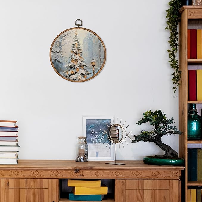 KSDUT Vintage Christmas Wall Decor Art - Retro Snow Christmas Tree Wall Art Canvas Frame Hanging Prints, Merry Xmas Holiday Round Wall Art Decor for Home Farmhouse Decorations 10"x10"