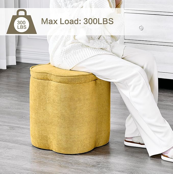 Crestview Collection 18" Flower Foot Rest Ottoman with Storage,Chenille Fabric Pouf Ottoman for Home Decor, Vanity Stool, Extra Seating for Living Room, Bedroom, Entryway, Spice Yellow