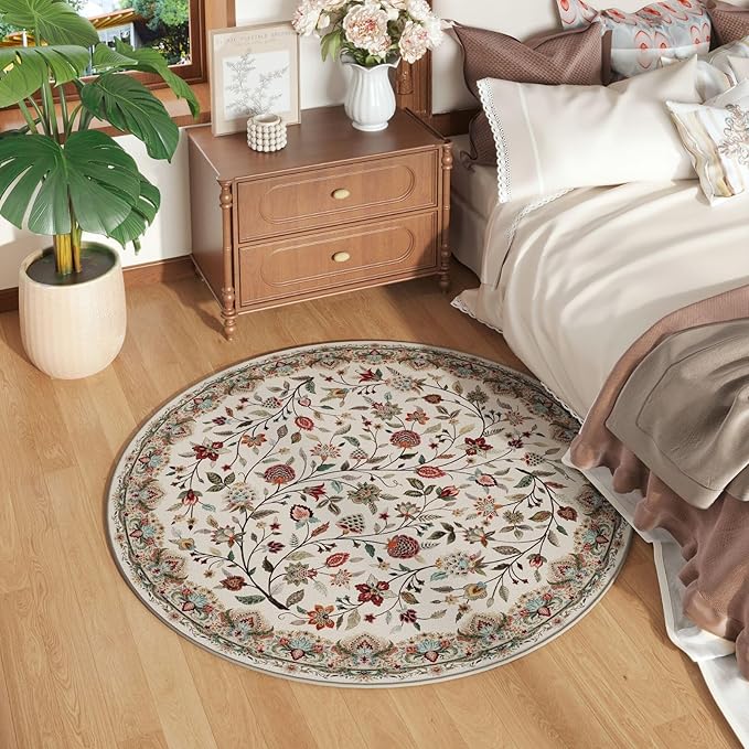 Rugcomf Vintage Paisley Round Rug 4ft - Machine Washable Area Rug, Non-Slip Low Pile Floral Carpet for Entryway, Living Room, Bedroom, Dining Room, Kids, Bathroom, Office - Beige