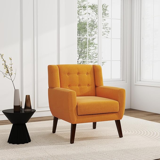 UIXE Accent Chair, Modern Upholstered Armchair in Fabric for Living Room, Comfy Club Arm Chairs Single Sofa Button Tufted Bedroom Reading Seat - Orange, Set of 2