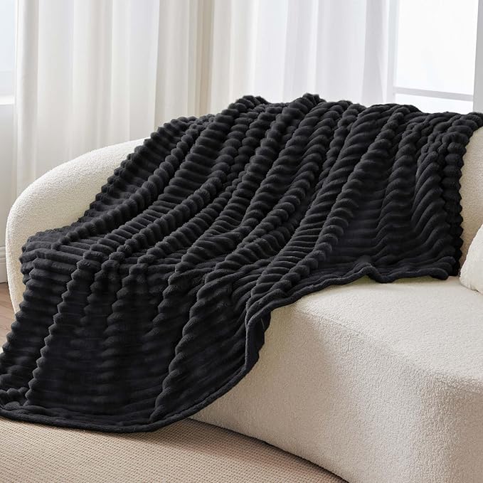 BEDELITE Fleece Throw Blanket for Couch - 300GSM Soft & Warm Fluffy Black Blanket, Decorative and Giftable Striped Blankets for Women, Men, 50"x70"