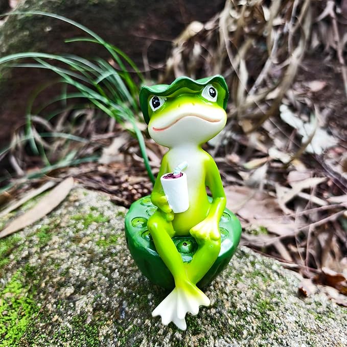 Frog Figurine Garden Decor for Outside, Frogs Statue Plant Decorations for Pots, Fairy Garden Figurines for Lawn Ornaments, Yard Decorations Outdoor, Frog Gifts for Women (1, Drink Frog)