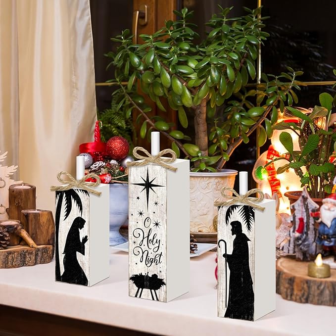 Britimes Christmas Decorations for Home, 3pcs Wooden Table Decor, Nativity Scene Holy Night Farmhouse Tabletop Block Sign for Christmas Indoor Kitchen
