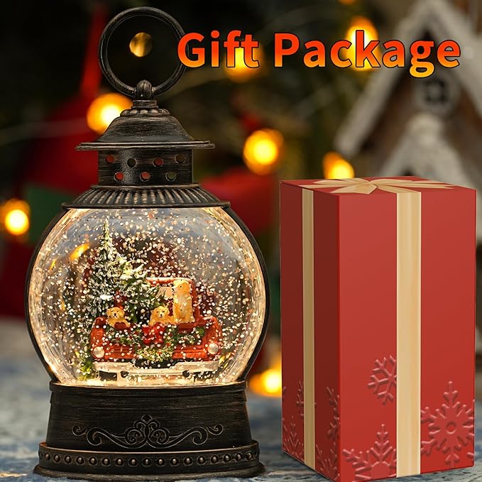 Dog Snow Globe Lighted Christmas Decorations, Musical Snow Globe Lantern with Swirling Glitter, Red Truck Christmas Tree Holiday Party Gifts and Decorations, USB & Battery Operated