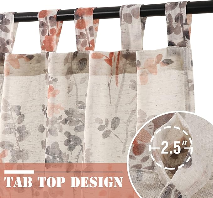 H.VERSAILTEX Linen Sheer Curtains for Living Room Sheer Panels 63 Inches Long Light Filtering Tab Top Window Treatment Drapes for Bedroom, 2 Panels, Vintage Classical Floral Print Coral and Taupe