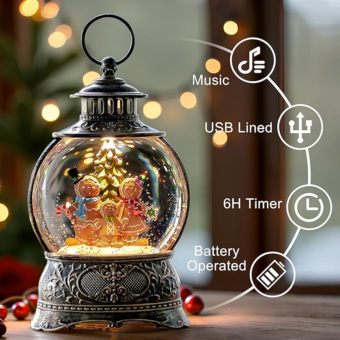 9.8" Christmas Snow Globe Water Lantern with Gingerbread Scene Battery Operated or USB Powered Musical Lighted Holiday Decoration for Tabletop Display for Family and Friends