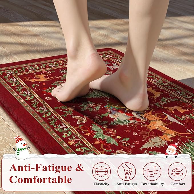 Christmas Kitchen Mats Anti Fatigue - Reindeer Sleigh Farmhouse Cushioned Kitchen Floor Mat, Non Slip Kitchen Rugs Sets of 2, Christmas Decorations Sink Mats for Home Holiday Decor(Red)