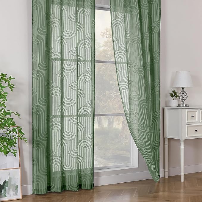 Simplebrand Sage Green Sheer Curtains, 42W x 45L Inches, 2 Panels, Geometric Mid Century Jacquard Clip Textured, Light Filtering, Rod Pocket, Bedroom, Living Room