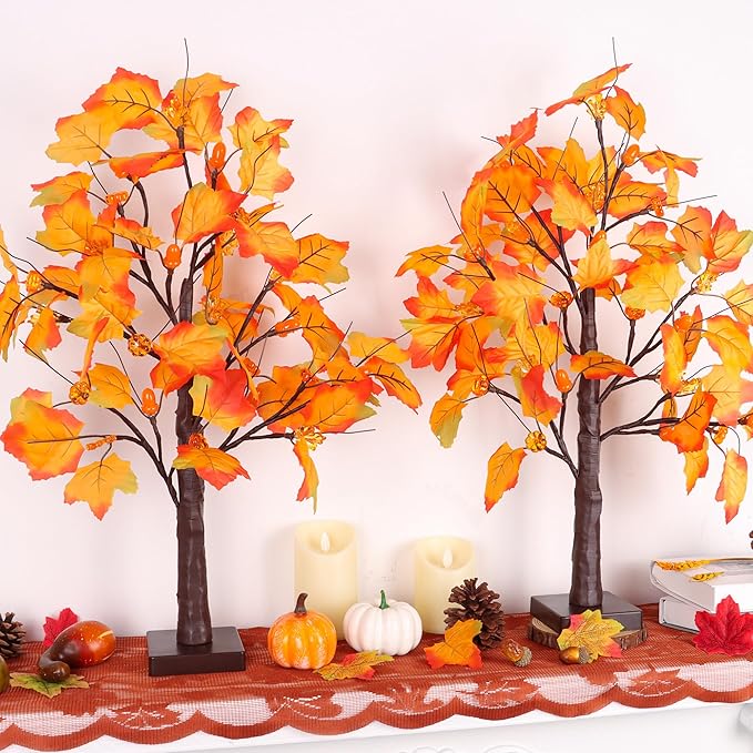 2 Pack 24 Inch Artificial Lighted Maple Tree with 48 LEDs Timer Fall Thanksgiving Decorations Battery Operated Prelit Maple Tree Table Lights for Thanksgiving Decor Home Indoor Autumn Harvest