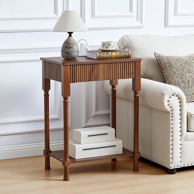 23.6” Large End Table with Charging Station, Modern Farmhouse Side Table Sofa Tables with Fluted Drawer, Wooden Bedside Table Night Stand for Bedroom Living Room Home Office, Walnut