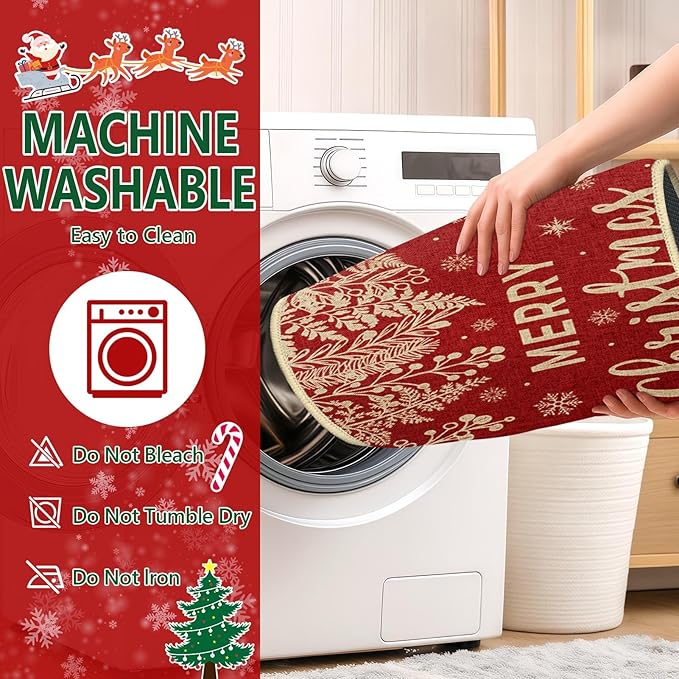 Christmas Red Holly Pine Kitchen Rugs and Mats Non Skid Washable Set of 2, Branches Leaves Xmas Kitchen Mats for Floor Decor