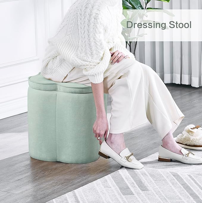 Crestview Collection Foot Rest Ottoman with Storage,Chenille Fabric Flower Ottoman for Living Room, Vanity Stool for Bedroom,Floor Pouf for Home Decor,Seafoam Green,18 inches