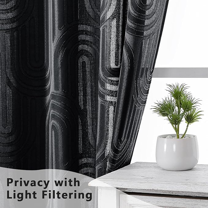Simplebrand Sheer Black Curtains Kitchen 36 Inch Length 2 Panels Set for Window, Soft Airy Geometric Jacquard Semi Sheer Curtains for Bathroom, Modern Rod Pocket Window Curtains, 42Wx36L Inches