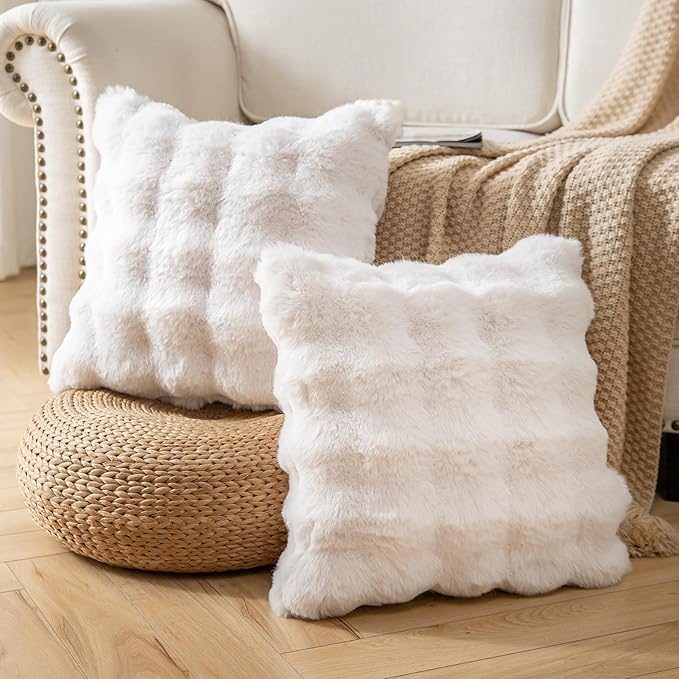 Pack of 2 Thick Plush Throw Pillow Covers Fluffy Wave Faux Fur Decorative Cushion Covers Soft Wool Pillowcase for Sofa Couch Livingroom 24x24 Inch White
