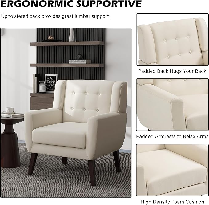 UIXE Accent Chairs Set of 2, Modern Upholstered Arm Chair Mid-Century Club Armchair Comfy Single Lounge Sofa, Button Tufted Living Room Reading Seat Bedroom Side Sitting, White