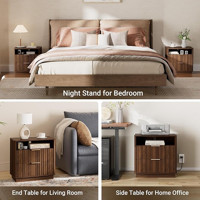 Large Fluted Nightstand Set of 2 with Charging Station, 23" Modern Farmhouse Night Stand, 2 Drawers End Table with Storage, Bedside Table for Bedroom Sofa Home Office (Walnut)