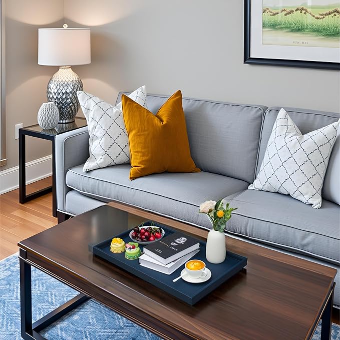 25 * 15 Inch Rectangular Ottoman Tray | Textured PU Leather, Waterproof & Heat-Resistant Storage for Coffee/Dining Tables, Sofa, Bed, Entertainment & Party (Navy Blue, 25 * 15in)