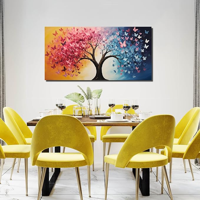 GUGIKA Tree Canvas Wall Art for Living Room, Pink Gold and Blue Butterflies Wall-Decor for Bedroom, Natural Pictures for Hallway Office, Size 48x24 Inches