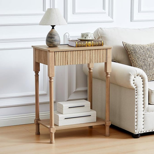 23.6” Large End Table with Charging Station, Modern Farmhouse Side Table Sofa Tables with Fluted Drawer, Wooden Bedside Table Night Stand for Bedroom Living Room Home Office, Natural