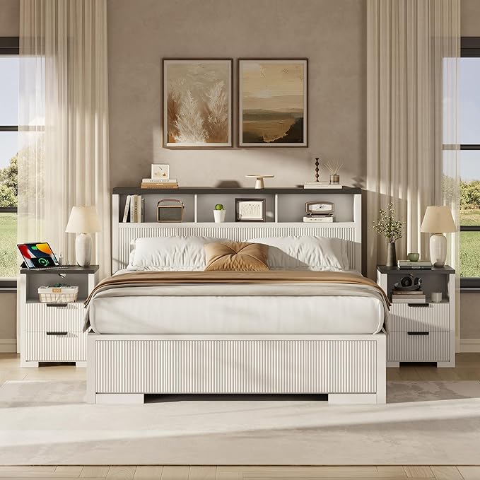 Fluted Nightstand Set of 2 with Charging Station,18" Night Stand with 2 Drawers,End Table with Storage, Bed Side Table for Bedroom,Modern Nightstand for Living Room, White