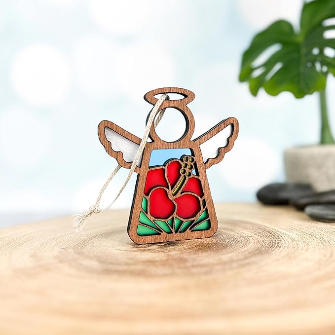 Hibiscus Flowers Decoration - Tropical Beach Ornaments - Angel Ornaments for Christmas Tree - Red Flower Wall Decoration - Hanging - 3.5" (H)