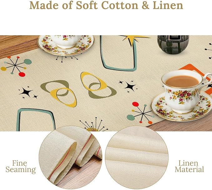 Mid Century Modern Table Runner, Retro 1950s 60s Abstract Style Colorful Black Cat Geometric Atomic Star Coffee Table Center Decor for Home Kitchen Dining Patio Holiday Party Decorations 13x72 inches