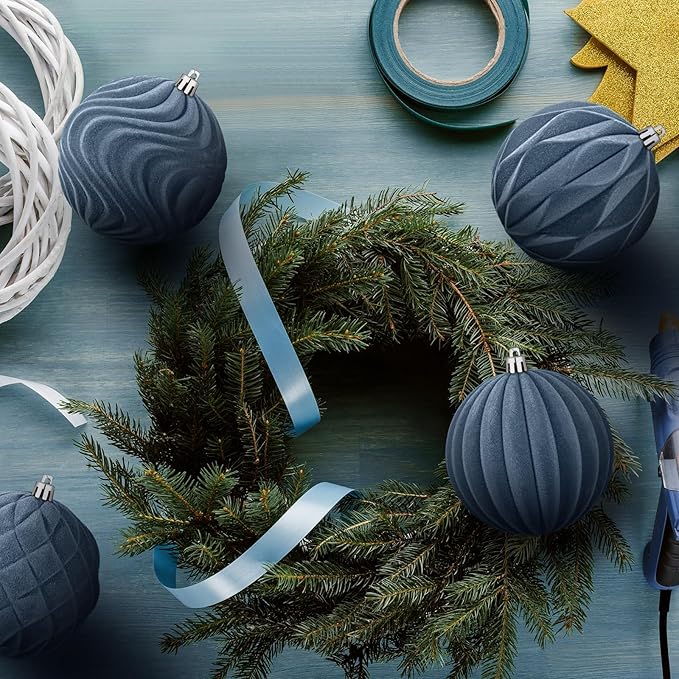 4 Pcs 4 Inch Large Velvet Christmas Ball Ornaments Vintage Christmas Plastic Ball Ornaments Flocked Tree Hanging Decoration for Xmas Party Wedding Home Decor(Grey Blue)