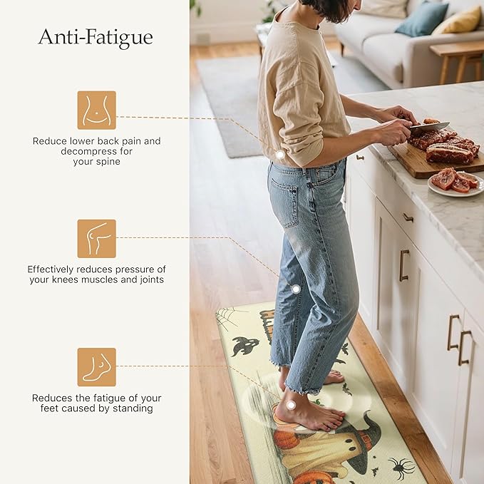 GENIMO Halloween Decorations - Kitchen Mats for Floor, 2PCS Kitchen Rugs, Cushioned Anti Fatigue Mat for Home Decor, Waterproof Non-Slip Comfort Standing Mat for Laundry, 17.3"x59"+17.3"x30", Beige