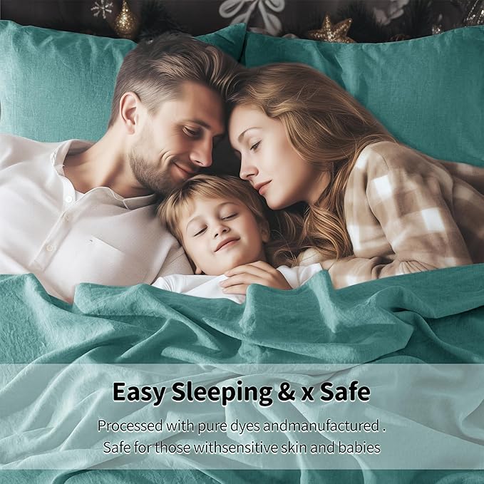 LBRO2M 100% Linen Sheet Set Queen Size,Bed Sheets 4 Piece Sets,Solid Color Natural Flax Bed Sheets Soft Breathable Bedding,16" Deep Pocket,All Season (Queen, Aqua)