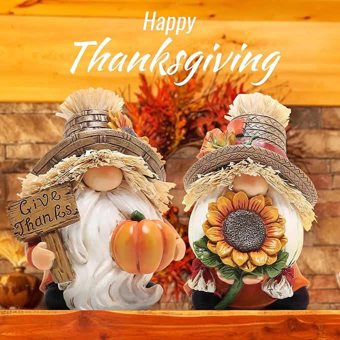 Hodao 2pcs Thanksgiving Pumpkin Gnomes Decorations Handmade Swedish Tomte Elf for Fall Decor Gift - Fall Thanksgiving Party Home Kitchen Table Decor - Autumn Gifts