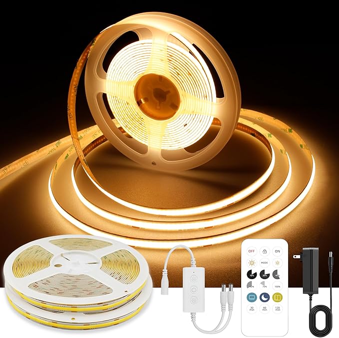 65.6ft COB LED Strip Light Warm White, High Bright LED Strips with 320LEDs, RF Remote and UL Power Supply, 2700K Dimmable LED Lights for Bedroom,Kitchen, DIY Home Decoration, 2 Rolls of 32.8ft
