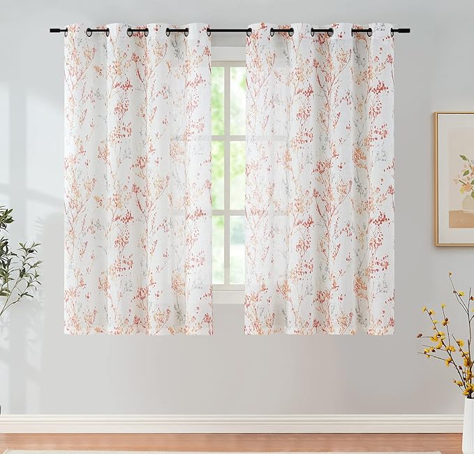 Tree Print Semi-Sheer Curtains 63inch Length White Red Orange Branch Curtain Panels for Living Room Bedroom Linen Textured Look Privacy Semi Sheer Curtains 2pcs Grommet Top