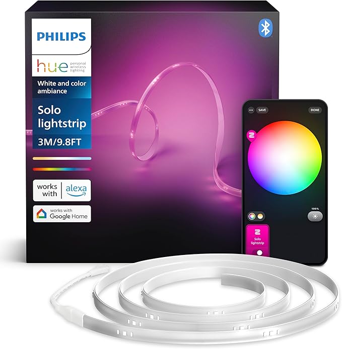 Philips Hue Indoor 10 Ft Smart LED Solo Lightstrip Base Kit Bundle with Bridge - Control with Hue App, Compatible with Alexa, Google Assistant, Apple HomeKit