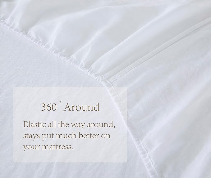 100% Linen Fitted Sheet Twin(1 Piece), 15 Inch Deep Pocket Mattress Cover French Flax Stone Washed Farmhouse Soft Breathable Bottom Sheets(White, Twin)