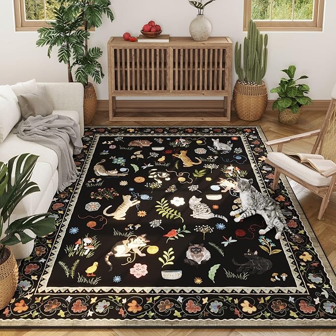Rugcomf Living Room Rug 6x9 Rug Machine Washable Boho Area Rug Non Slip Floral Animal Cat Vintage Low Pile Large Rug for Living Room Bedroom Farmhouse Dining Room Kids Playroom, Black