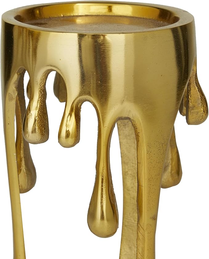 CosmoLiving by Cosmopolitan Aluminum Metal Abstract Decorative Candle Holder Melting Drip Candle Stand, Set of 3 Candlestick Holder 12", 10", 8"H, Gold