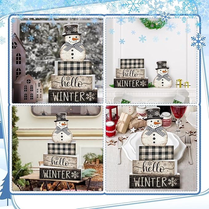 4 Pcs Snowman Christmas Decor Winter Table Decorations Christmas Tiered Tray Decor Winter Centerpiece Decorations Indoor Rustic Wooden Snowman Block Sign Gift Farmhouse for Home Kitchen Shelf